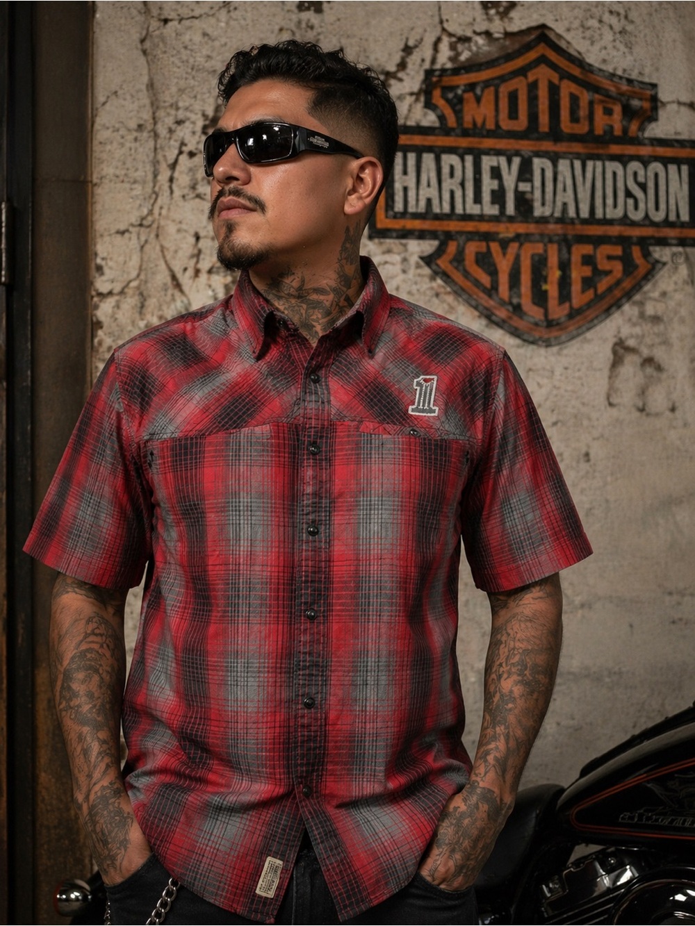 Harley-Davidson Black Label Plaid Snap Shirt L Red Gray Biker Western Y2K